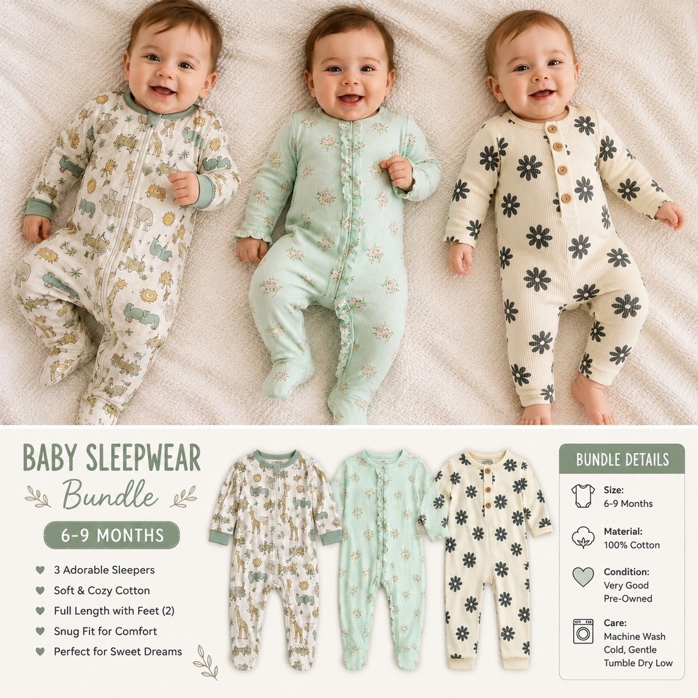 Little Me Milkberry Cat & Jack Baby Sleepers 6-9M 3pc Pajama Bundle